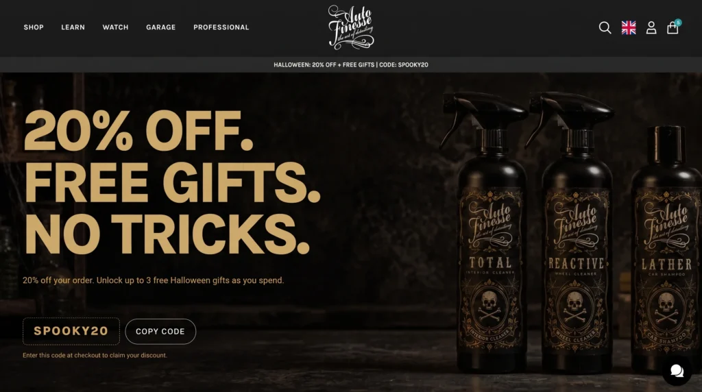 Auto Finesse Voucher Code SPOOKY20 20% Off and Free Gifts